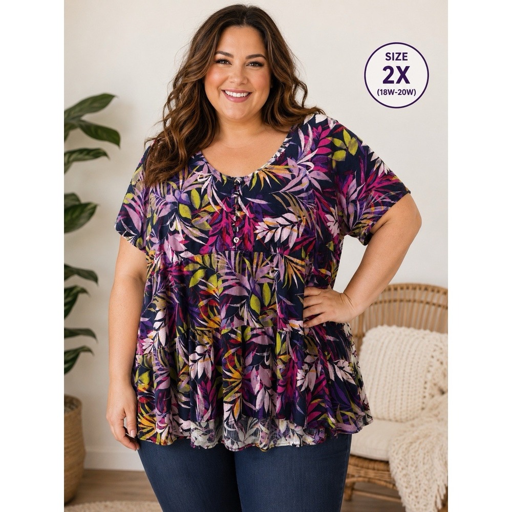 TORRID SIZE 2 / 2X Plus Tropical Floral Babydoll Peplum Knit Top Purple -3360